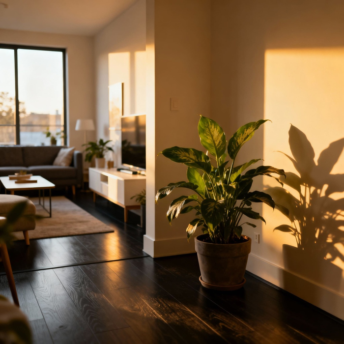 A combination of dark floors and light walls in the interior