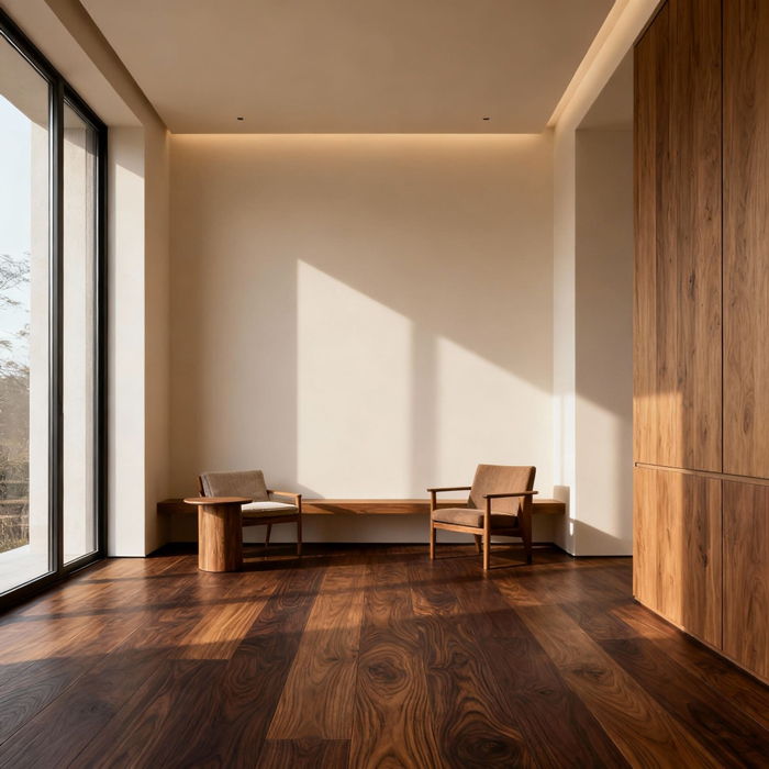 A combination of dark floors and light walls in the interior