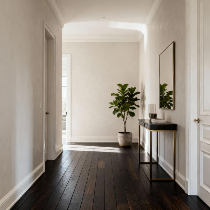 A combination of dark floors and light walls in the interior